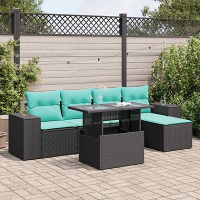 6-delige Loungeset met kussens poly rattan acacia zwart