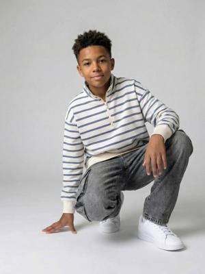 Sweater voor jongens met opstaande kraag en rits blauw, gestreept