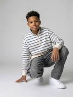 Sweater voor jongens met opstaande kraag en rits blauw, gestreept - thumbnail