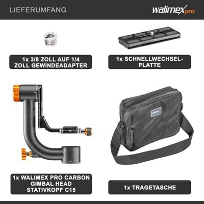 Walimex pro Carbon Gimbal Head statiefkop C15 - hoogwaardig 360 graden panoramafel aapschommel met Arca snelwisselplaat, draagvermogen 20 kg, met tas, voor DSLR DSLM spotting objectief
