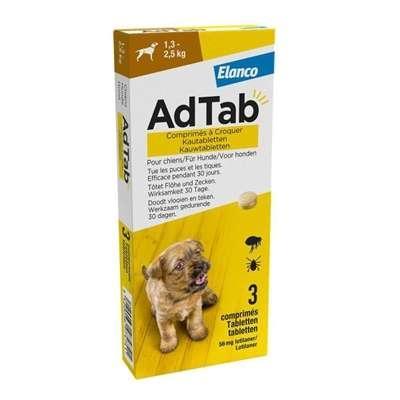 AdTab kauwtablet tegen vlooien en teken voor honden en pups van 1,3 tot 2,5 kg