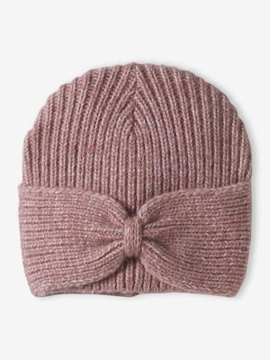 Geribde meisjesmuts met strik oudroze