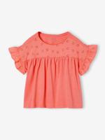 T-shirt meisjes met geborduurde details koraal - thumbnail