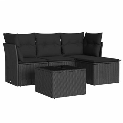 5-delige Loungeset met kussens poly rattan zwart - thumbnail