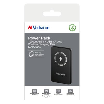Verbatim Charge n Go Magnetic Wireless Powerbank 10000 mAh Fast Charge, Quick Charge 3.0, USB PD 3.0, Adaptive Fast Charge LiPo USB-C Zwart