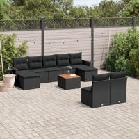 10-delige Loungeset met kussens poly rattan zwart - thumbnail