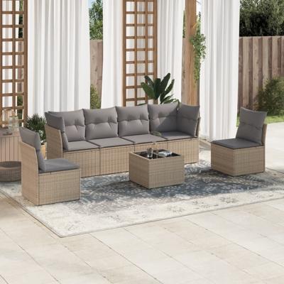 6-delige Loungeset met kussens poly rattan beige