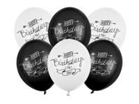 Pastel Ballonnen Set Happy Birthday Zwart/Wit (6st) - thumbnail