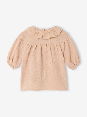 Babyjurk met sterretjes van gaas beige (poederkleur) Babyjurk met sterretjes van gaas beige (poederkleur)