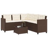 Tuinbank met tafel en kussens L-vormig poly rattan bruin - thumbnail