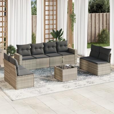9-delige Loungeset met kussens poly rattan lichtgrijs