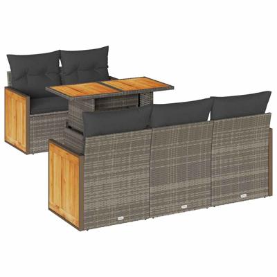 6-delige Loungeset met kussens poly rattan acacia grijs
