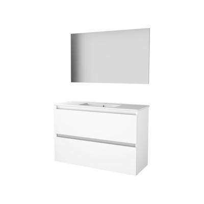 Basic-Line Basic 39 Badkamermeubelset - Ondiep - 100 x 39 cm - Greeploos - 2 Lades - Keramische Wastafel - 1 Kraangat - Spiegel - Ice White