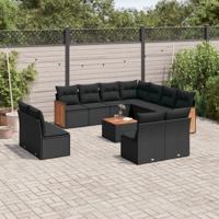 12-delige Loungeset met kussens poly rattan zwart - thumbnail