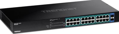 TRENDnet TPE-TG262 26-poorts Gigabit PoE+ switch, 24 x 30 W PoE+-poorten, 2 Gigabit SFP-sleuven, 380 W PoE-budget, 52 Gbps switchcapaciteit, 1U 19 inch rack monteerbaar, zwart