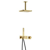 Hotbath Gal - Inbouw Regendoucheset - Geborsteld Messing PVD - Thermostatisch - Plafondbuis 15 cm - Hoofddouche 220 mm - Staafhanddouche - thumbnail