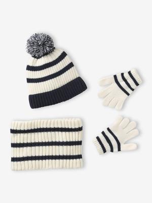 Gestreept babyset voor jongens muts + snood + wanten/handschoenen ecru
