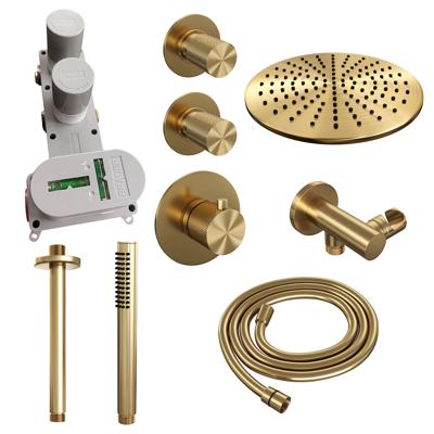 Gold Carving thermostatische inbouw regendouche SET 06 - 30 cm douchekop, plafondarm, staaf handdouche, doucheslang, wandaansluitbocht - goud geborsteld PVD