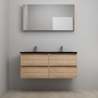 On-Line Badkamermeubelset - 120 cm - Voorgemonteerd - Ladestructuur - Acryl Wastafel - 2 Kraangaten - Spiegelkast - Eiken