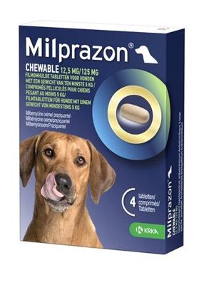 KRKA MILPRAZON KAUWTABLETTEN ONTWORMINGSTABLETTEN HOND >5 KG 12,5 MG/125 MG 4 TBL KRKA MILPRAZON KAUWTABLETTEN ONTWORMINGSTABLETTEN HOND >5 KG 12,5 MG/125 MG 4 TBL
