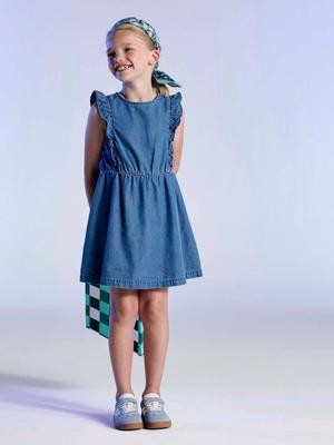 Denim meisjesjurk met ruches stone