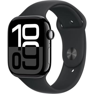 Apple Watch Series 10 (GPS + Cellular 46 mm) Smartwatch - Kast van gitzwart aluminium - Zwart sportbandje (S/M). Conditie bijhouden, Ecg-app, always on Retina-display, waterbestendig