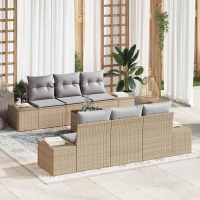 Tuinbankenset met opslag 7 pcs Beige en Licht Grijs poly rattan