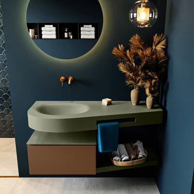 MONDIAZ RIVA 120cm badmeubel onderkast / planchet kleur Rust met 1 lade. Wastafel DULCET links 0 kraangaten kleur Army.