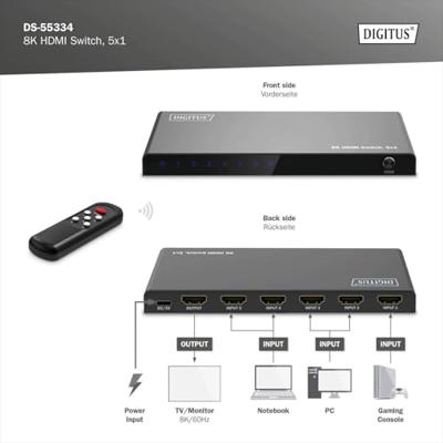 Digitus DS-55334 HDMI-switch 1 + 5 poorten LED-weergave, Met afstandsbediening, Ultra HD-geschikt, Met metalen behuizing, Individueel schakelbaar, Met Digitus DS-55334 HDMI-switch 1 + 5 poorten LED-weergave, Met afstandsbediening, Ultra HD-geschikt, Met metalen behuizing, Individueel schakelbaar, Met