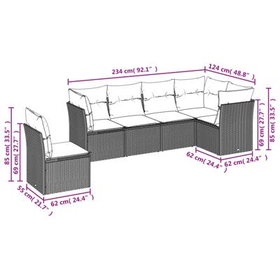 7-delige Loungeset met kussens poly rattan grijs