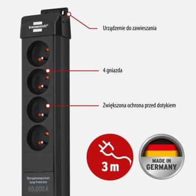 Brennenstuhl Premium-Line 60.000A Extension Lead With Surge Protection 4-Way Black 3M H05Vv-F 3G1,5 *Be* - 1951144400
