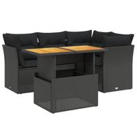 5-delige Loungeset met kussens poly rattan zwart - thumbnail