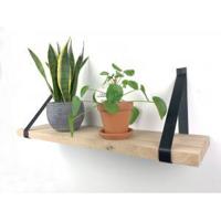 Eiken wandplank massief recht 120 x 25 cm inclusief leren riemen zwart - thumbnail