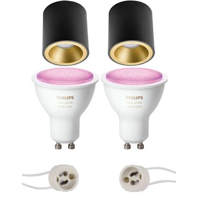 Pragmi Cliron Pro - Opbouw Rond - Mat Zwart/Goud - Verdiept - Ø90mm - Philips Hue - Opbouwspot Set GU10 - White and Color Ambiance - Bluetooth