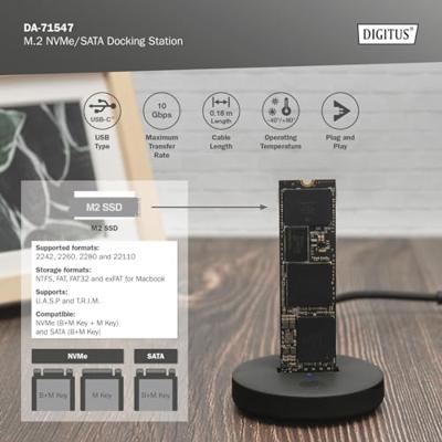 Digitus DA-71547 USB-C 3.2 Gen 2 M.2 PCIe NVMe, M.2 SATA Harde schijf-dockingstation