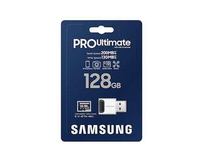 Samsung PRO Ultimate microSD-kaart 128 GB Class 3 UHS-I , v30 Video Speed Class, A2 Application Performance Class Incl. USB-kaartlezer Samsung PRO Ultimate microSD-kaart 128 GB Class 3 UHS-I , v30 Video Speed Class, A2 Application Performance Class Incl. USB-kaartlezer