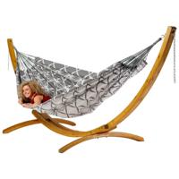 Familie hangmat met houten standaard - 400x180cm - Grijs - 200kg draagkracht- 100% katoen - binnen & buiten - thumbnail