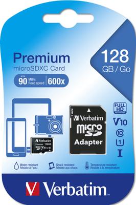 Verbatim Premium microSDXC-kaart 128 GB Class 10 Incl. SD-adapter Verbatim Premium microSDXC-kaart 128 GB Class 10 Incl. SD-adapter