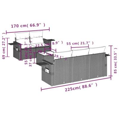 6-delige Loungeset met kussens poly rattan zwart