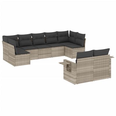 9-delige Loungeset met kussens poly rattan lichtgrijs