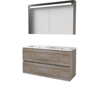 Basic-Line Premium 46 Badkamermeubelset - 120 x 46 cm - Greeploos - 2 Lades - Keramische Wastafel - 2 Kraangaten - Spiegelkast met LED Verlichting - Scotch Oak - thumbnail