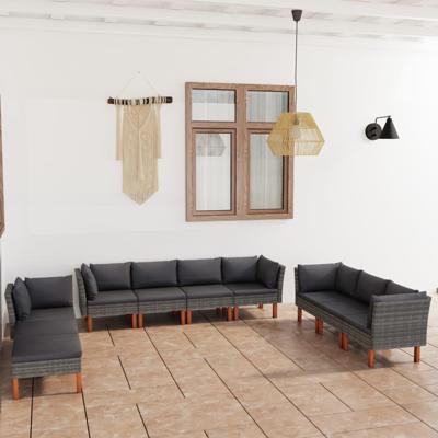 10-delige Loungeset met kussens poly rattan grijs
