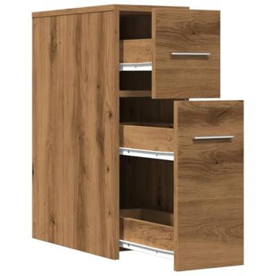 Badkamerkast smal met wielen bewerkt hout artisanaal eikenkleur Badkamerkast smal met wielen bewerkt hout artisanaal eikenkleur
