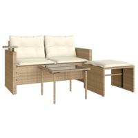3-delige Loungeset met kussens poly rattan beige - thumbnail