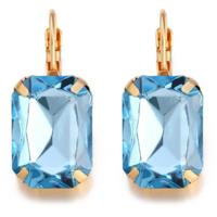 Goudkleurige oorbellen voor dames met een grote lichtblauwe steen - thumbnail