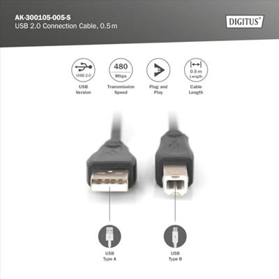 Digitus AK-300105-005-S USB-kabel USB 2.0 USB-A stekker, USB-B stekker 0.50 m Zwart Rond, Afgeschermd (dubbel)