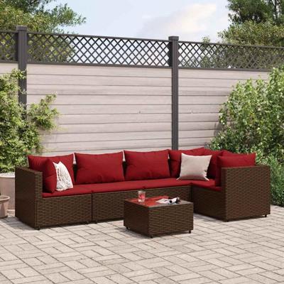 6-delige Loungeset met kussens poly rattan bruin