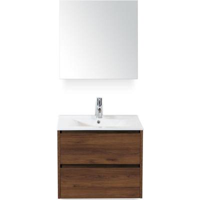 Dante Badmeubelset 60 cm - Walnoot - Keramische Wastafel Wit Enjoy met Spiegelkast