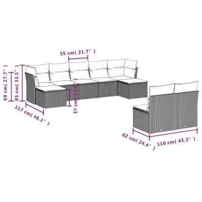 9-delige Loungeset met kussens poly rattan grijs - thumbnail