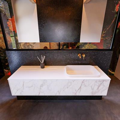 Badkamermeubelset Mondiaz Erin 150 cm met 1 Lade met RIDGE Wastafel Rechts Talc Zonder Kraangaten Greeploos Mat Carrara